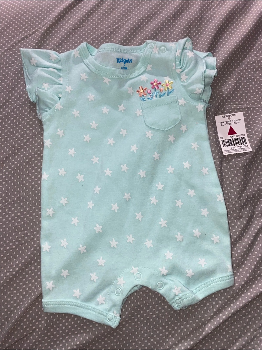 Kidgets Mint Star Pocket Romper with Embroidered Flowers